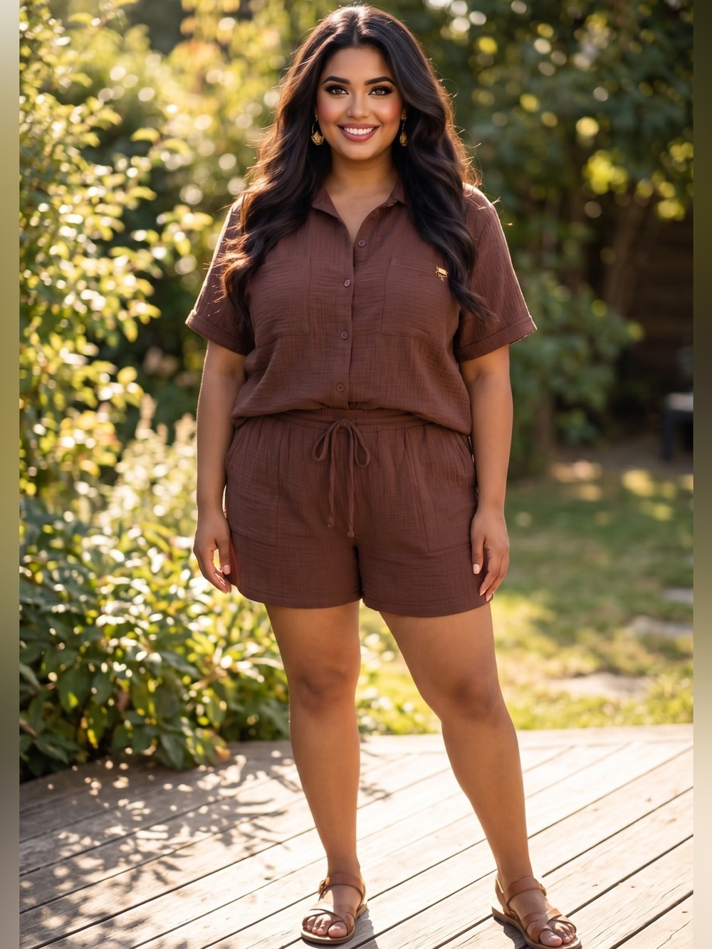 🌟B727. Stylish Cotton 2 Piece Set Button-Up Top &  Drawstring Shorts